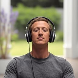 Mark Zuckerberg is sitting in a meditative pose with his eyes closed, wearing headphones