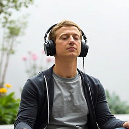 Mark Zuckerberg is sitting in a meditative pose with his eyes closed, wearing headphones