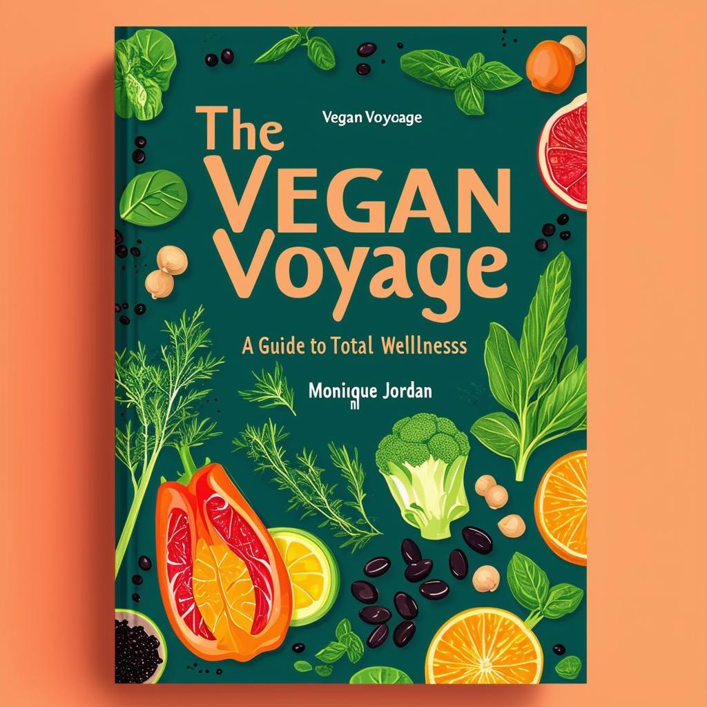 Create a vibrant and inviting printable cookbook cover titled 'The Vegan Voyage: A Guide to Total Wellness' by Monique Nikki Jordan, featuring fresh, natural colors, illustrations of vegetables, fruits, herbs, black beans, and chickpeas, and a clean, modern design