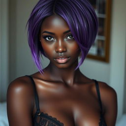 A beautiful girl with short purple hair and dark skin wearing lingerie