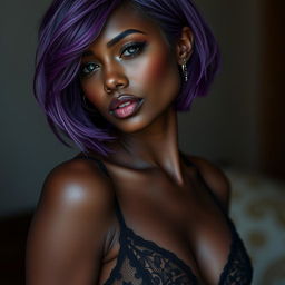 A beautiful girl with short purple hair and dark skin wearing lingerie