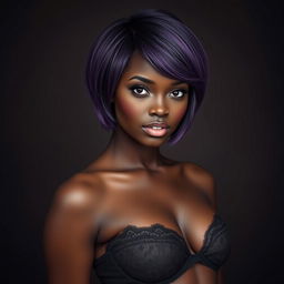 A beautiful girl with short purple hair and dark skin wearing lingerie