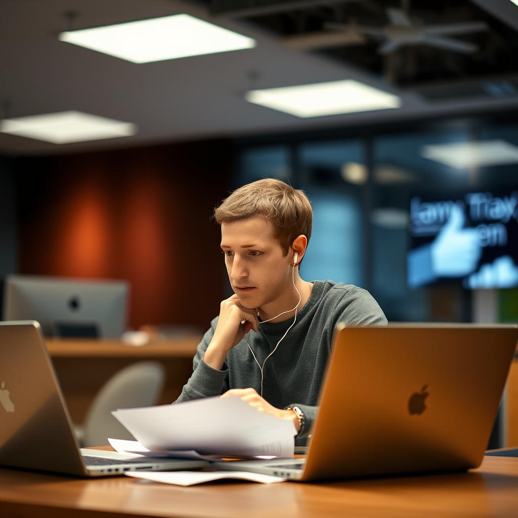 Mark Zuckerberg is sitting at a desk, deep in thought, with earphones in his ears