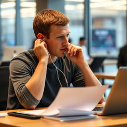 Mark Zuckerberg is sitting at a desk, deep in thought, with earphones in his ears