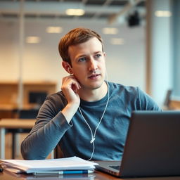 Mark Zuckerberg is sitting at a desk, deep in thought, with earphones in his ears