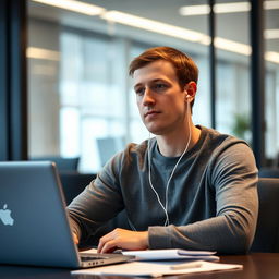 Mark Zuckerberg is sitting at a desk, deep in thought, with earphones in his ears