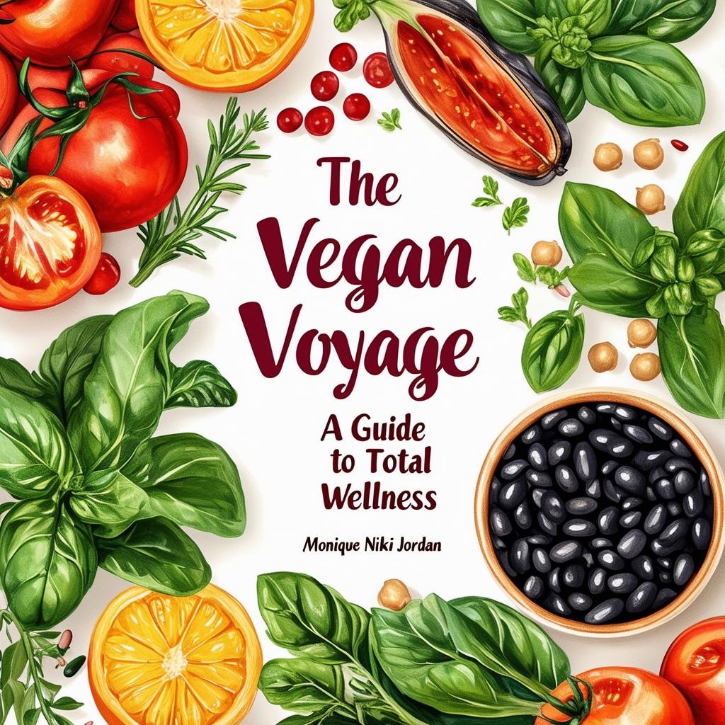 Create a vibrant and inviting printable cookbook cover titled 'The Vegan Voyage: A Guide to Total Wellness' by Monique Nikki Jordan, featuring fresh, natural colors, illustrations of vegetables, fruits, herbs, black beans, and chickpeas, and a clean, modern design