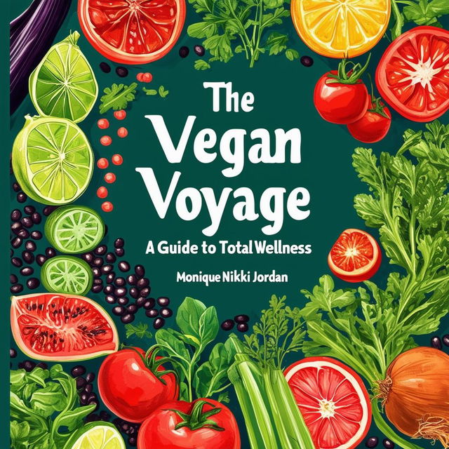 Create a vibrant and inviting printable cookbook cover titled 'The Vegan Voyage: A Guide to Total Wellness' by Monique Nikki Jordan, featuring fresh, natural colors, illustrations of vegetables, fruits, herbs, black beans, and chickpeas, and a clean, modern design