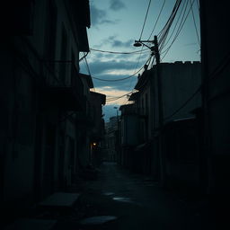 A dark, gloomy street at twilight where everything looks old and worn