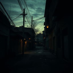 A dark, gloomy street at twilight where everything looks old and worn