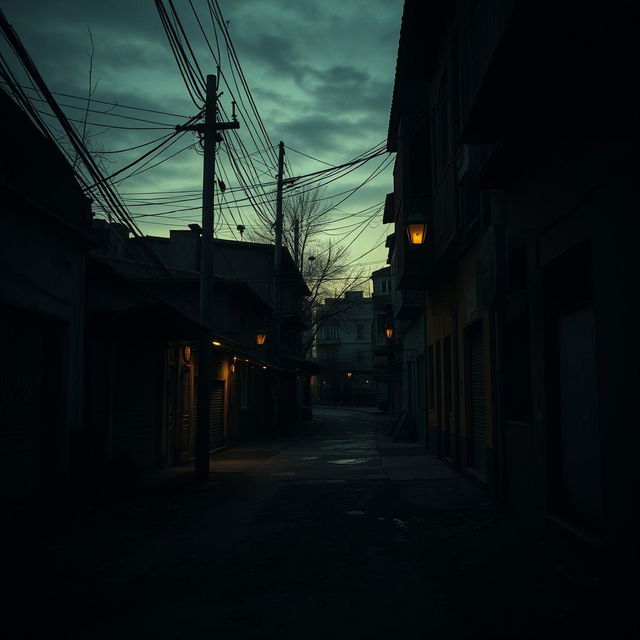 A dark, gloomy street at twilight where everything looks old and worn