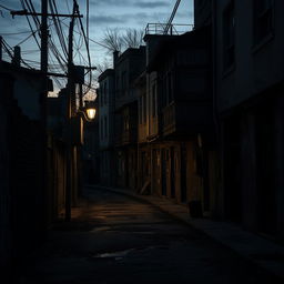 A dark, gloomy street at twilight where everything looks old and worn