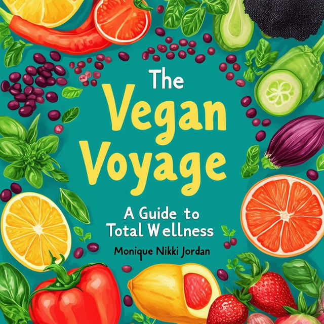 Create a vibrant and inviting printable cookbook cover titled 'The Vegan Voyage: A Guide to Total Wellness' by Monique Nikki Jordan, featuring fresh, natural colors, illustrations of vegetables, fruits, herbs, black beans, and chickpeas, and a clean, modern design