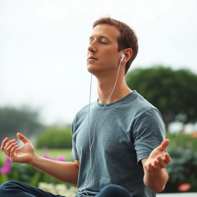 Mark Zuckerberg is sitting in a meditative pose with his eyes closed, wearing earphones