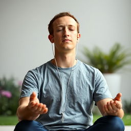 Mark Zuckerberg is sitting in a meditative pose with his eyes closed, wearing earphones