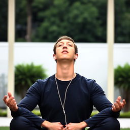 Mark Zuckerberg is sitting in a meditative pose with his eyes closed, wearing earphones