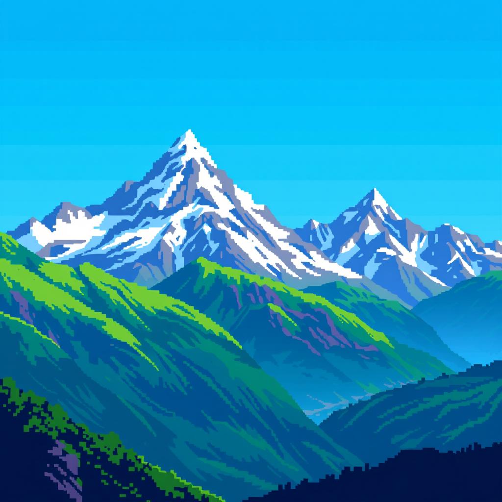 A serene background of a mountain range in pixel art style