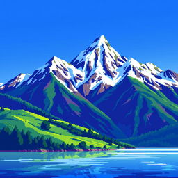 A serene background of a mountain range in pixel art style