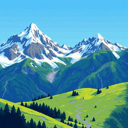 A serene background of a mountain range in pixel art style