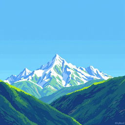 A serene background of a mountain range in pixel art style