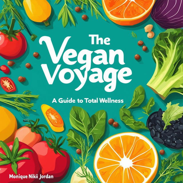 Create a vibrant and inviting printable cookbook cover titled 'The Vegan Voyage: A Guide to Total Wellness' by Monique Nikki Jordan, featuring fresh, natural colors, illustrations of vegetables, fruits, herbs, black beans, and chickpeas, and a clean, modern design