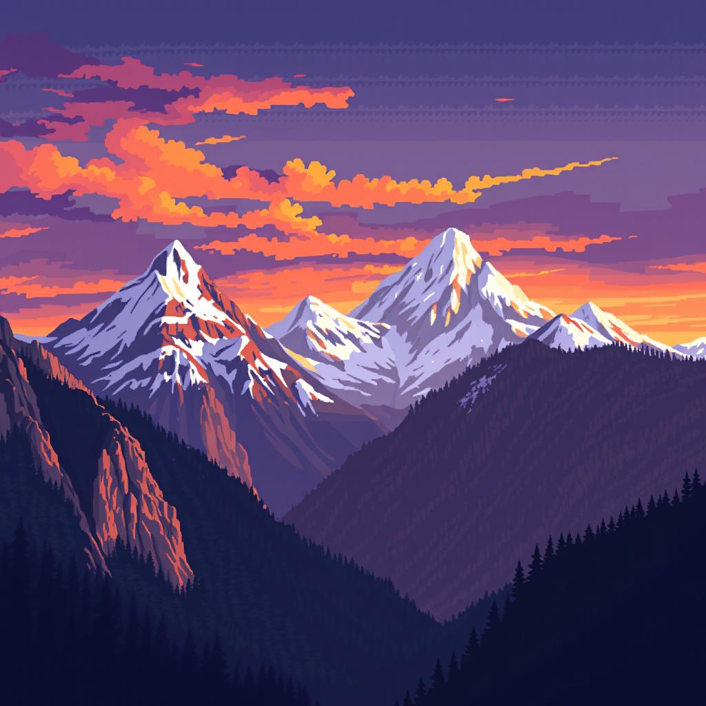 An epic background of a mountain range in pixel art style