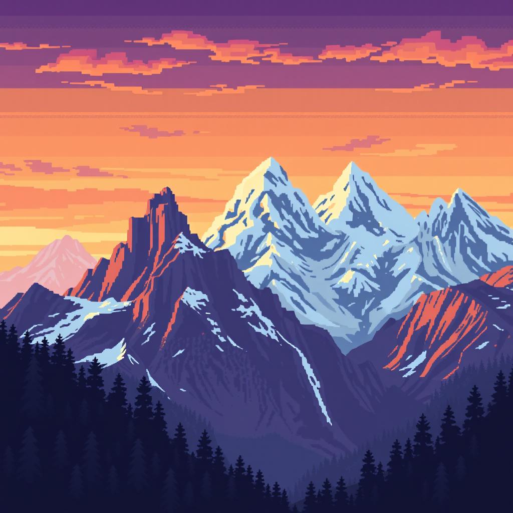 An epic background of a mountain range in pixel art style