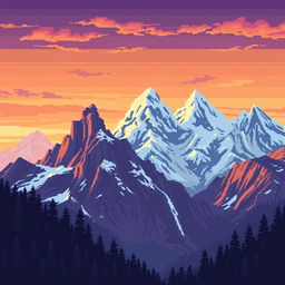 An epic background of a mountain range in pixel art style