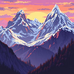 An epic background of a mountain range in pixel art style