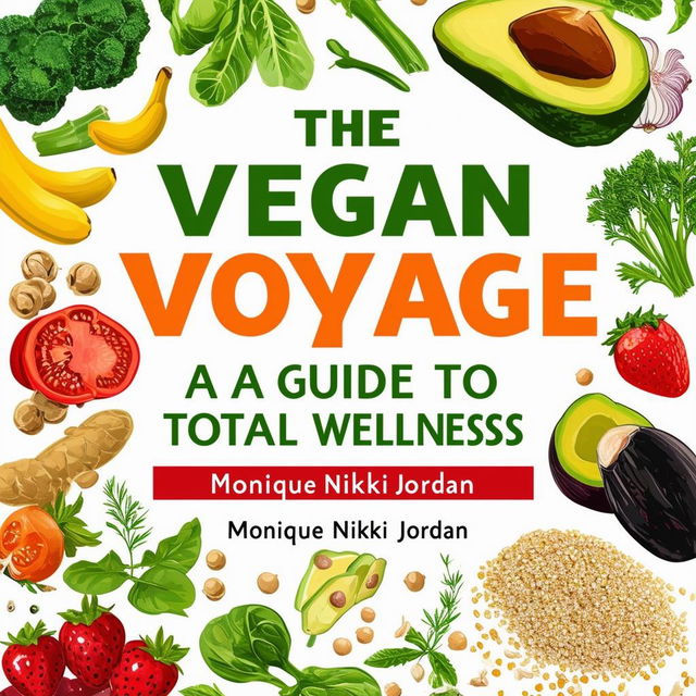 Create a vibrant and inviting printable cookbook cover titled 'The Vegan Voyage: A Guide to Total Wellness' by Monique Nikki Jordan, featuring fresh, natural colors, illustrations of vegetables, fruits, herbs, black beans, chickpeas, quinoa, avocados, strawberries, bananas, rice, and other vegan items, with a clean, modern design