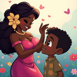 A beautiful, voluptuous black girl mesmerizing a black boy with her beauty in a cartoon art style