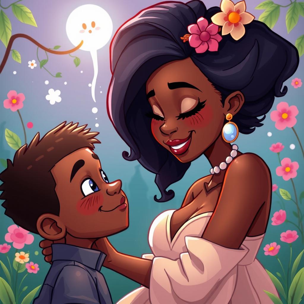 A beautiful, voluptuous black girl mesmerizing a black boy with her beauty in a cartoon art style