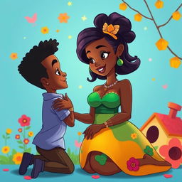 A beautiful, voluptuous black girl mesmerizing a black boy with her beauty in a cartoon art style