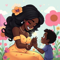 A beautiful, voluptuous black girl mesmerizing a black boy with her beauty in a cartoon art style