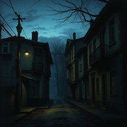 A dark, gloomy street with everything appearing old and decrepit