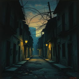 A dark, gloomy street with everything appearing old and decrepit