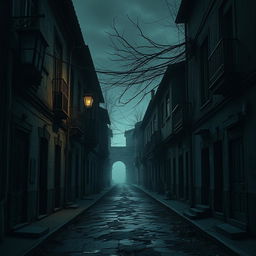 A dark, gloomy street with everything appearing old and decrepit