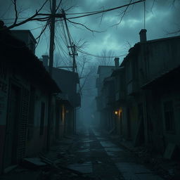 A dark, gloomy street with an eerie atmosphere