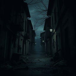 A dark, gloomy street with an eerie atmosphere