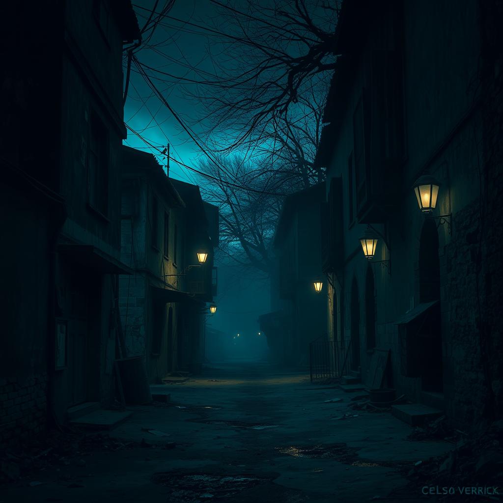 A dark, gloomy street with an eerie atmosphere