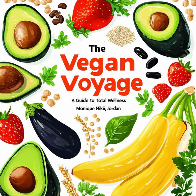 Create a vibrant and inviting printable cookbook cover titled 'The Vegan Voyage: A Guide to Total Wellness' by Monique Nikki Jordan, featuring fresh, natural colors, illustrations of vegetables, fruits, herbs, black beans, chickpeas, quinoa, avocados, strawberries, bananas, rice, and other vegan items, with a clean, modern design