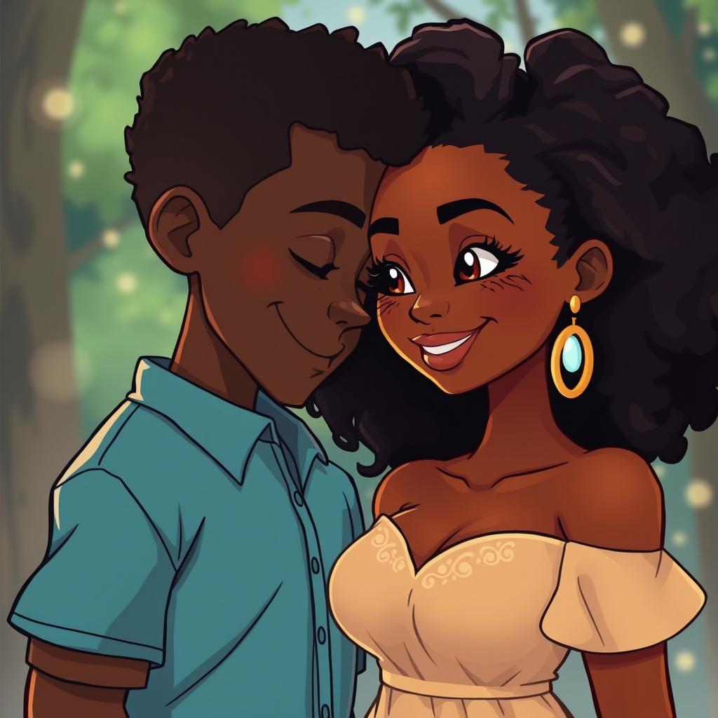 A beautiful voluptuous black girl mesmerizing a black boy with her stunning beauty in a cartoon art style