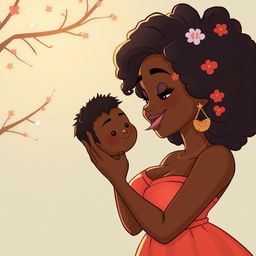 A beautiful voluptuous black girl mesmerizing a black boy with her stunning beauty in a cartoon art style