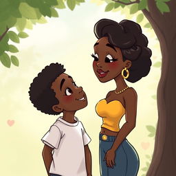 A beautiful voluptuous black girl mesmerizing a black boy with her stunning beauty in a cartoon art style