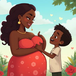 A beautiful voluptuous black girl mesmerizing a black boy with her stunning beauty in a cartoon art style