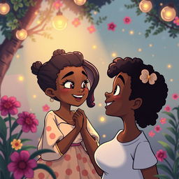 A beautiful voluptuous black girl mesmerizing a black boy with her beauty in a cartoon art style