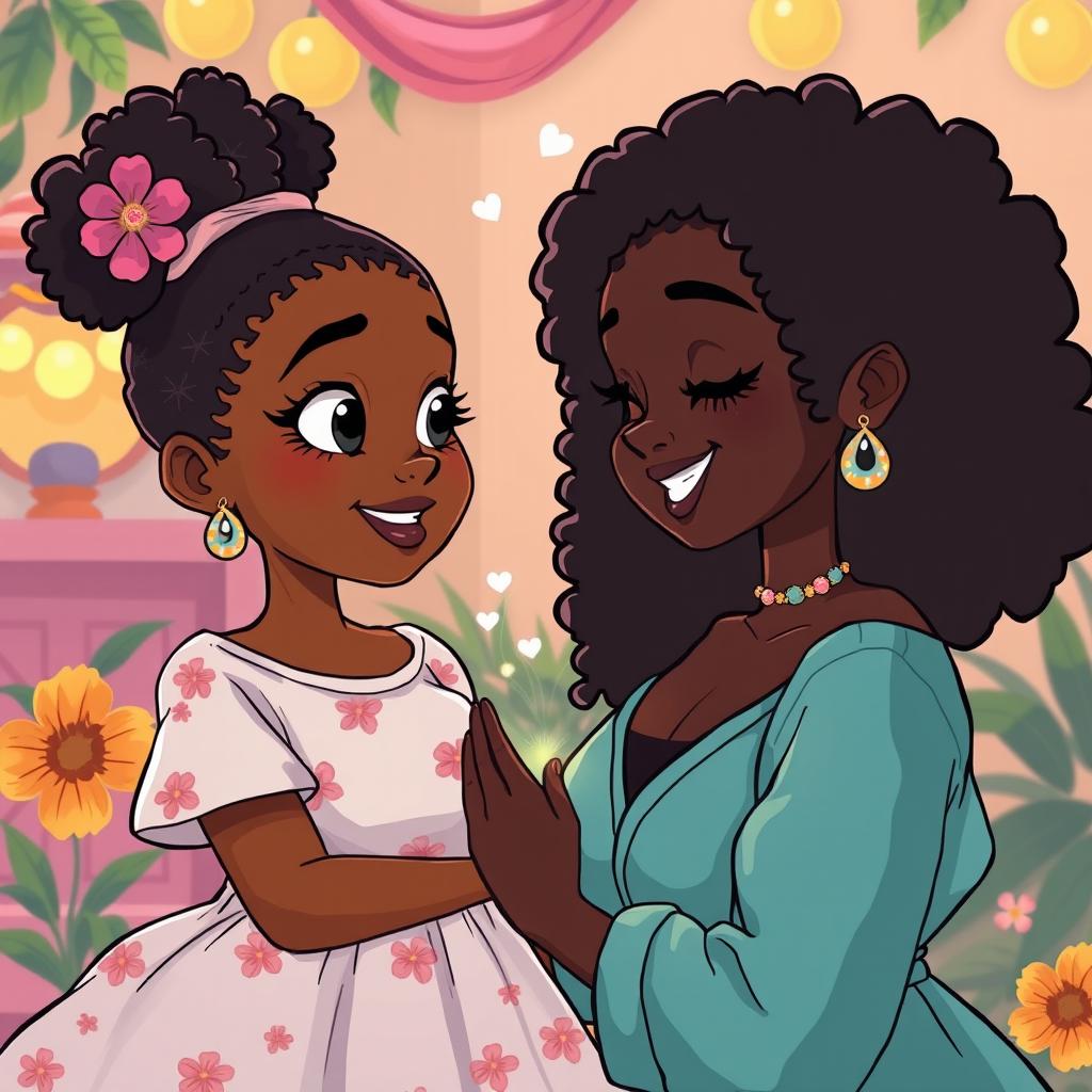 A beautiful voluptuous black girl mesmerizing a black boy with her beauty in a cartoon art style