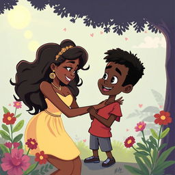 A beautiful voluptuous black girl mesmerizing a black boy with her beauty in a cartoon art style