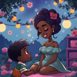 A beautiful voluptuous black girl mesmerizing a black boy with her beauty in a cartoon art style