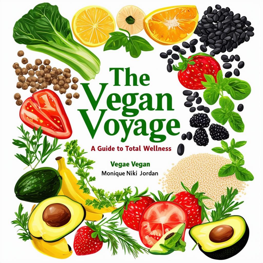 Create a vibrant and inviting printable cookbook cover titled 'The Vegan Voyage: A Guide to Total Wellness' by Monique Nikki Jordan, featuring fresh, natural colors, illustrations of vegetables, fruits, herbs, black beans, chickpeas, quinoa, avocados, strawberries, bananas, rice, and other vegan items, with a clean, modern design